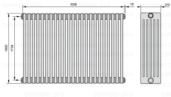 Схема (чертеж) Радиатор Zehnder Charleston 6180/23 №1270 Белый глянцевый RAL 9016